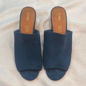 Toms Navy Blue Suede Open-Toe Slide Wood Block Mules, Size 9